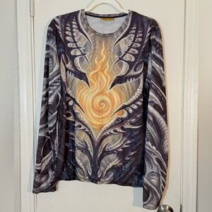 Yellowman Flame Tattoo Graphic Long Sleeve Shirt Size M